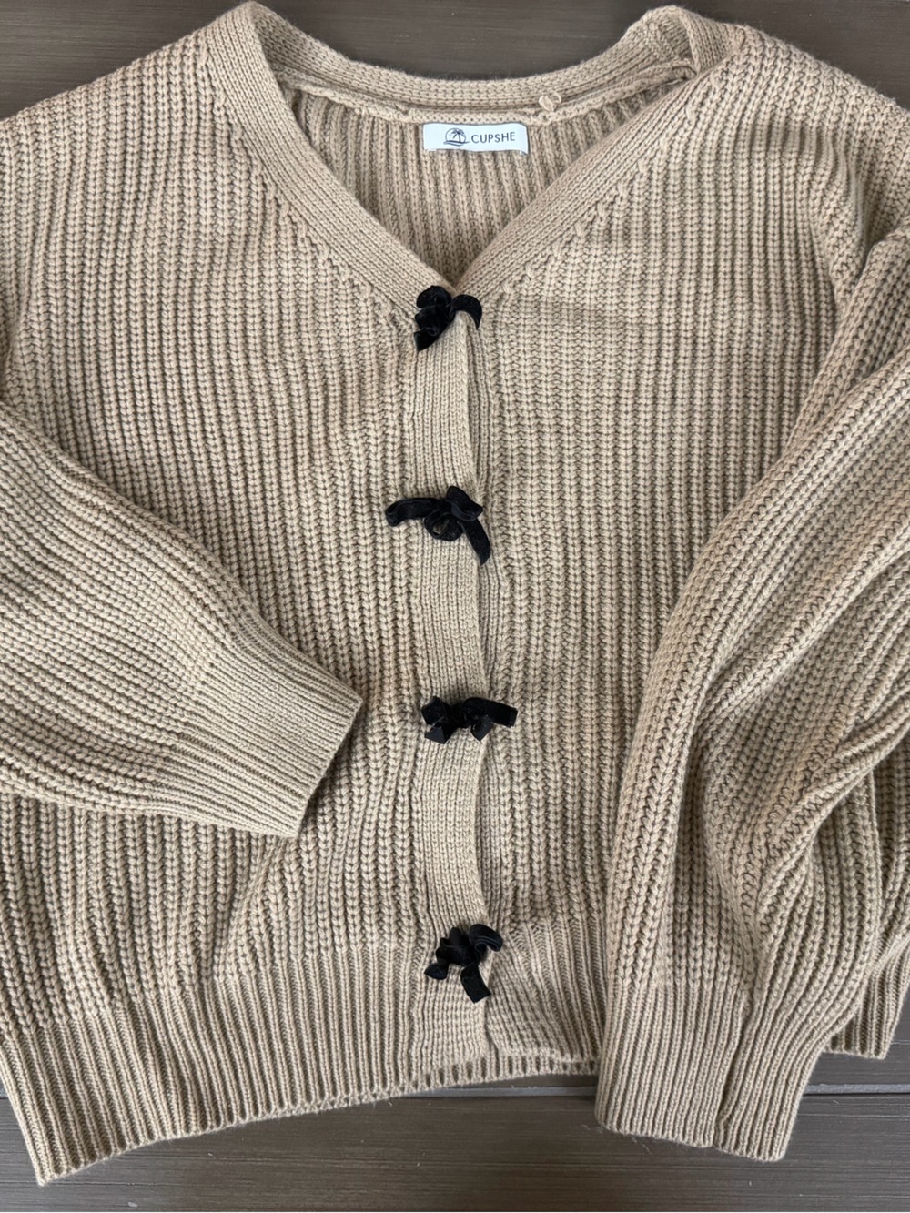 Cupshe Beige Ribbed Knit Cardigan with Black Bow Buttons
